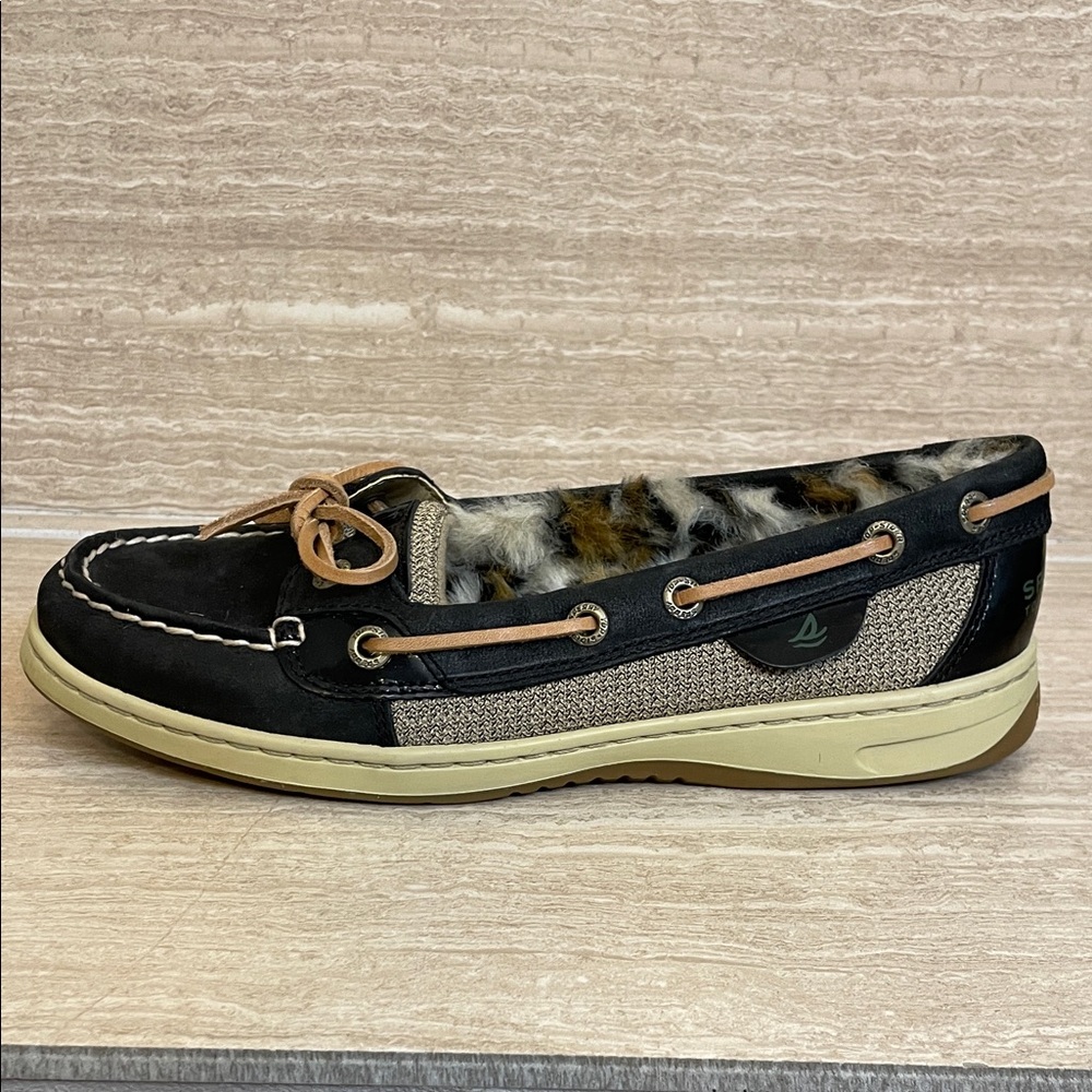 Sperry NWOT Black Flat Moccasin with Leopard Faux-Fur Lining - Picture 8 of 13